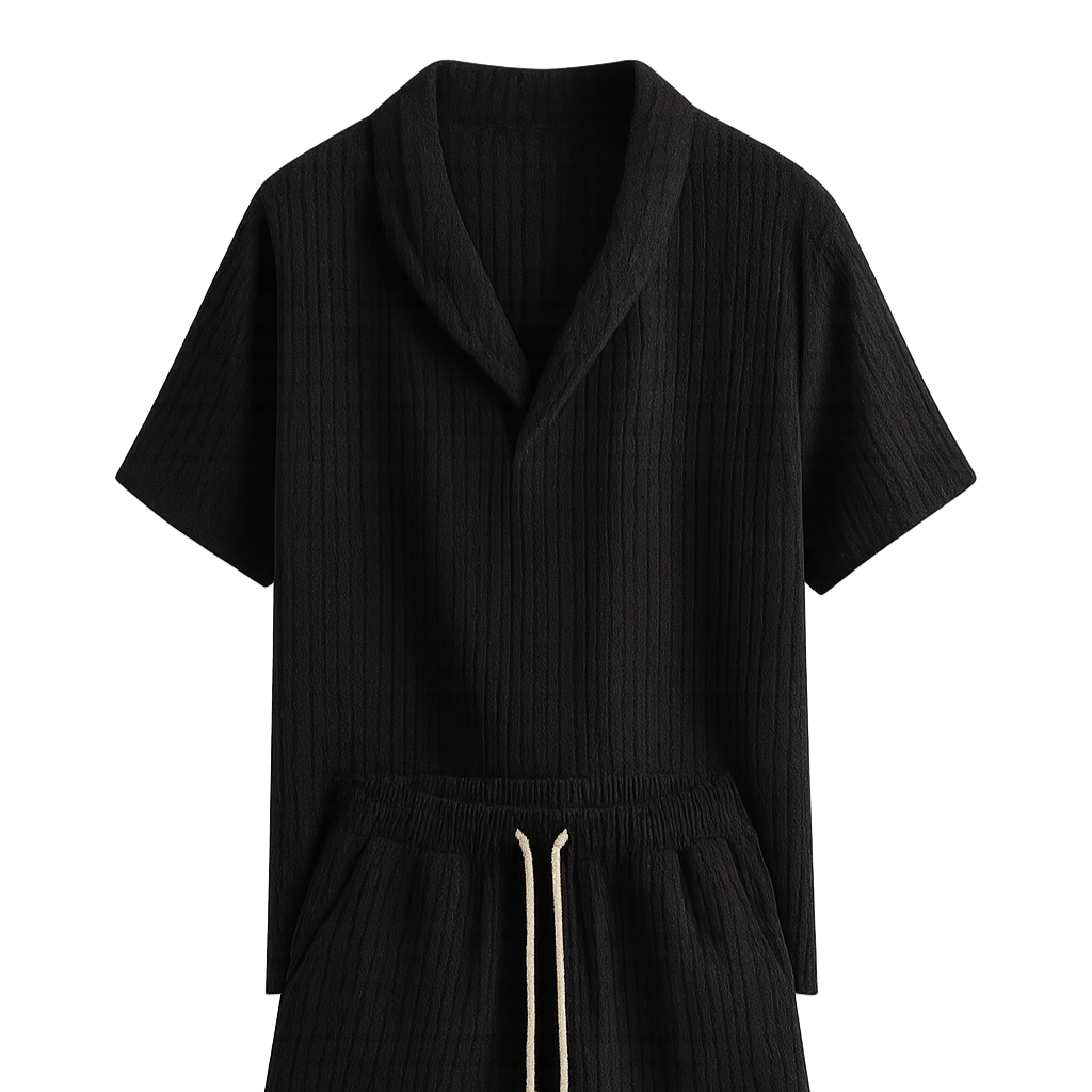 Black ribbed romper with a tie-neck design on a white background
