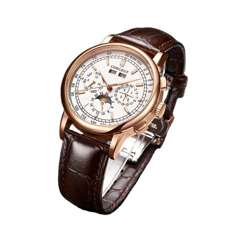 Luxury watch with brown leather strap and detailed face on a white background