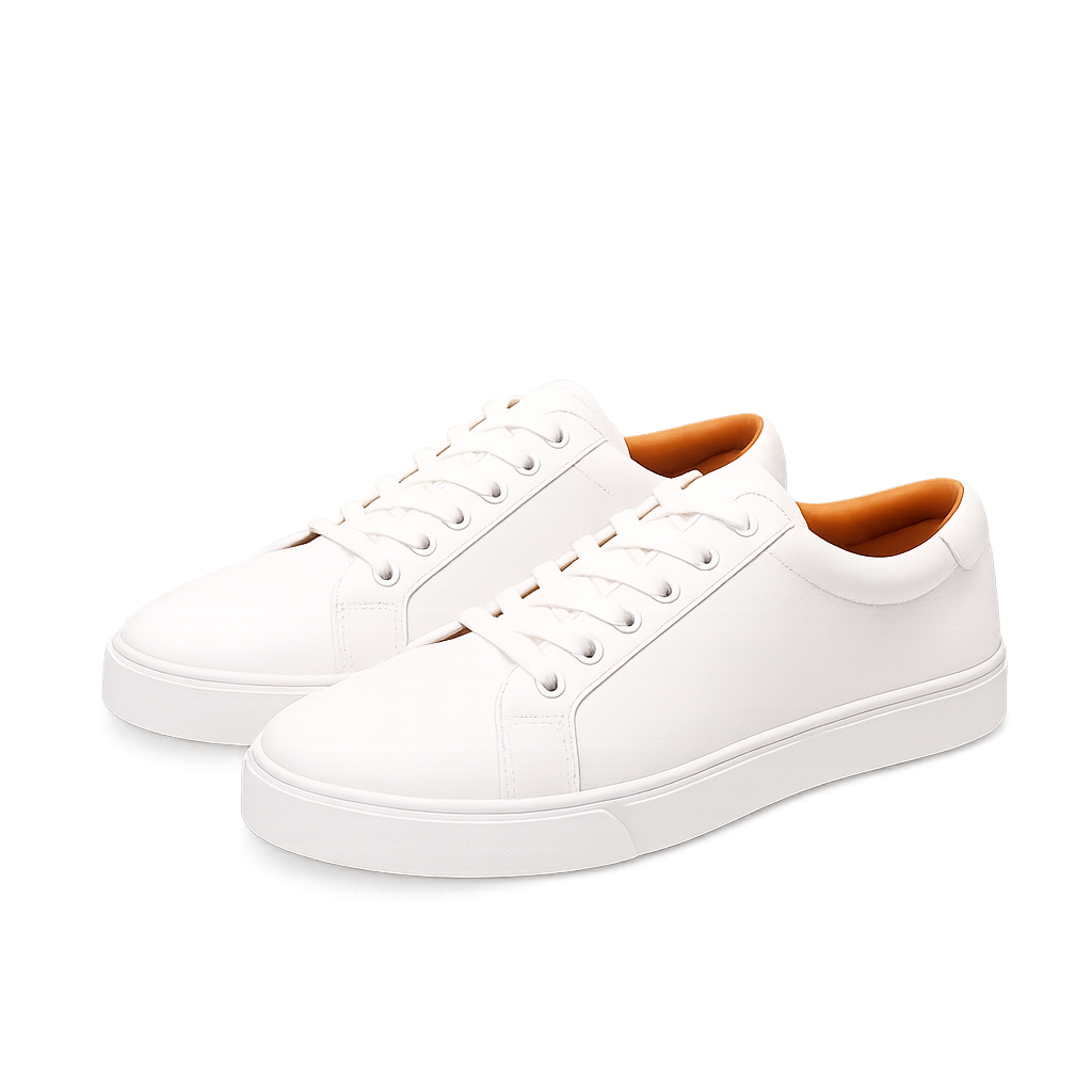 White sneakers with brown accents on a white background