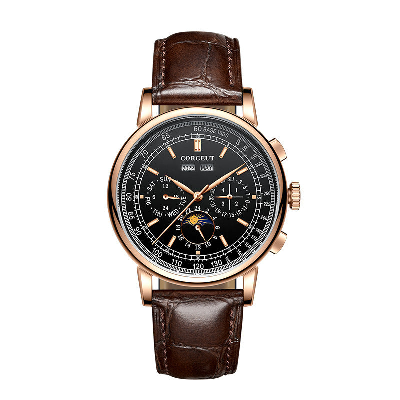 Luxury watch with brown leather strap and rose gold casing on white background