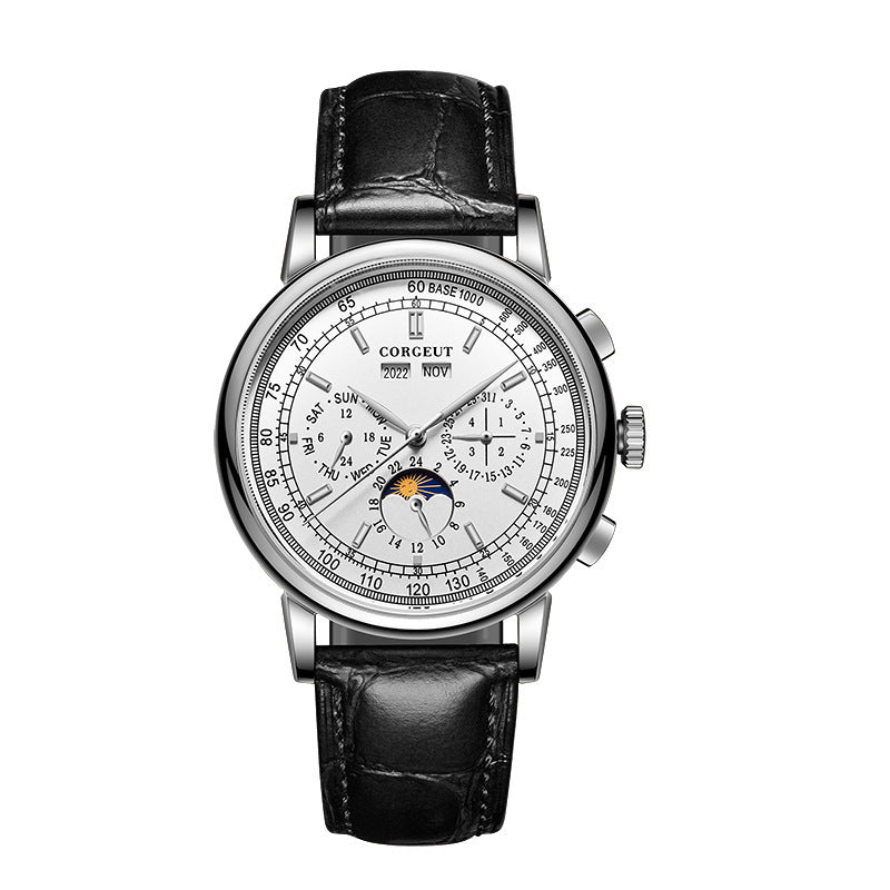 Luxury watch with black leather strap and detailed face on a white background