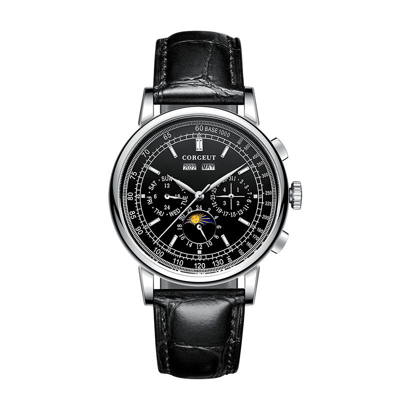 Luxury watch with black leather strap and detailed face on a white background